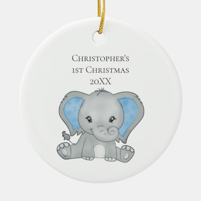 Personalisiert Baby Elephant Blue Baby 1. Weihnach Keramik Ornament (Vorne)