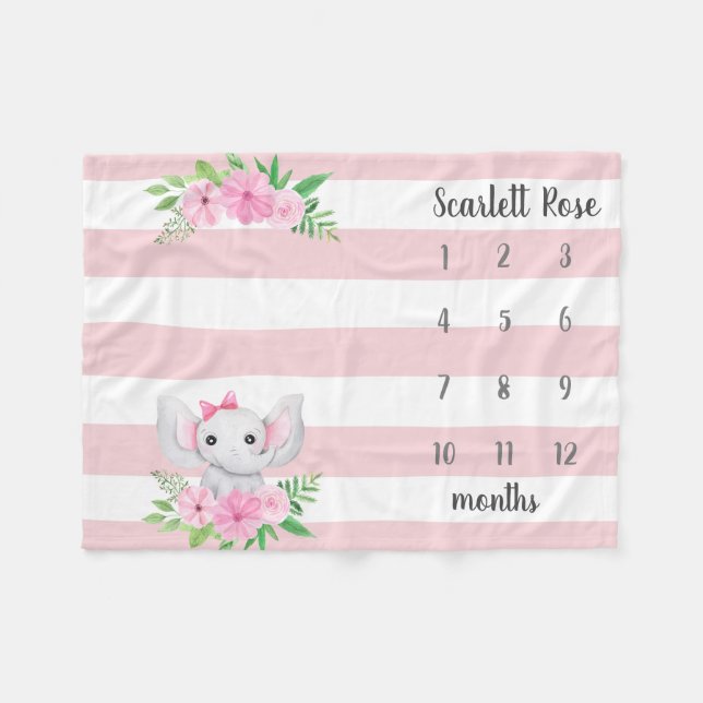 Personalisiert Baby Elephant Foto Meilenstein Fleecedecke (Vorderseite (Horizontal))