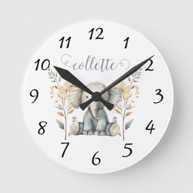 Personalisiert Baby Elephant Kinderzimmer Runde Wanduhr (Vorderseite)