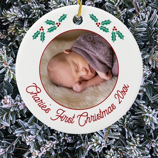Personalisiert Baby First Christmas Foto Keramik Ornament (Personalized baby name first Christmas year photo ornament)