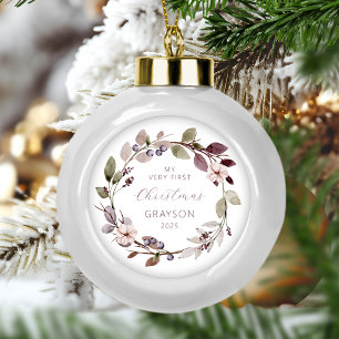 Personalisiert Baby First Christmas Lila Wreath Keramik Kugel-Ornament
