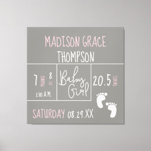 Personalisiert, Baby Girl Announcement Gray, Pink Leinwanddruck