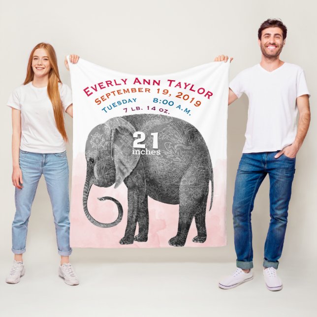 Personalisiert Baby Girl Birth Record Stats Elepha Fleecedecke (Beispiel)