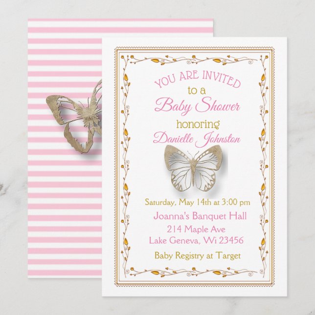 Personalisiert Baby Girl Butterfly Babydusche Einladung (Vorne/Hinten)