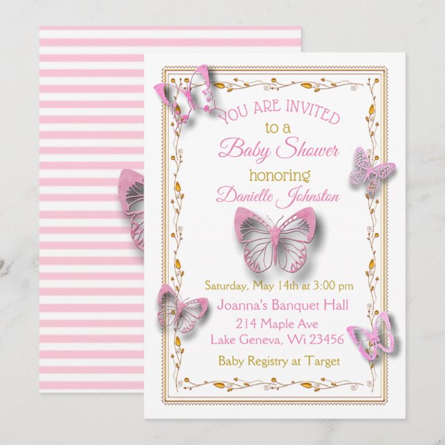 Personalisiert Baby Girl Butterfly Babydusche Einladung (Vorne/Hinten)