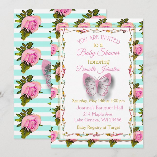 Personalisiert Baby Girl Butterfly Babydusche Einladung (Vorne/Hinten)
