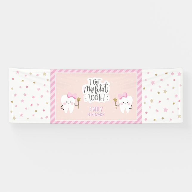Personalisiert Baby Girl Ich got mein First Tooth  Banner (Horizontal)