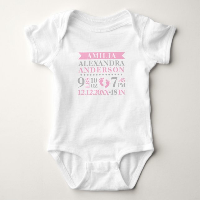 Personalisiert Baby Girl Pink Grey Birth Stats Baby Strampler (Vorderseite)
