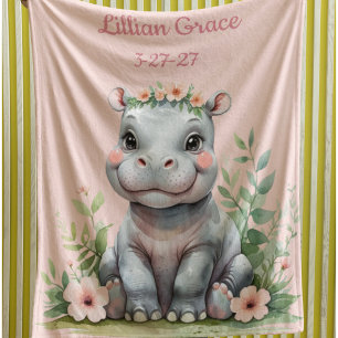 Personalisiert Baby Hippo Girl's Safari Kinderzimm Fleecedecke