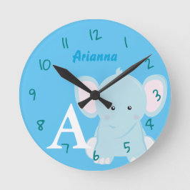 Personalisiert Baby Pastel Blue Elephant Round Clo Runde Wanduhr