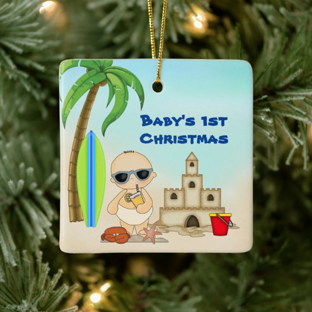 Personalisiert Baby's 1. Weihnachtsstrand Keramikornament (Baum)