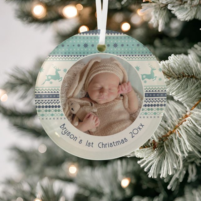 Personalisiert Baby's First Christmas Blue Rentier Ornament Aus Glas (Von Creator hochgeladen)
