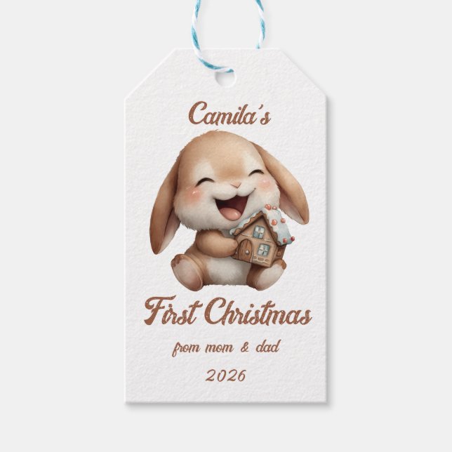 Personalisiert Baby's First Christmas Bunny Geschenkanhänger (Vorderseite)