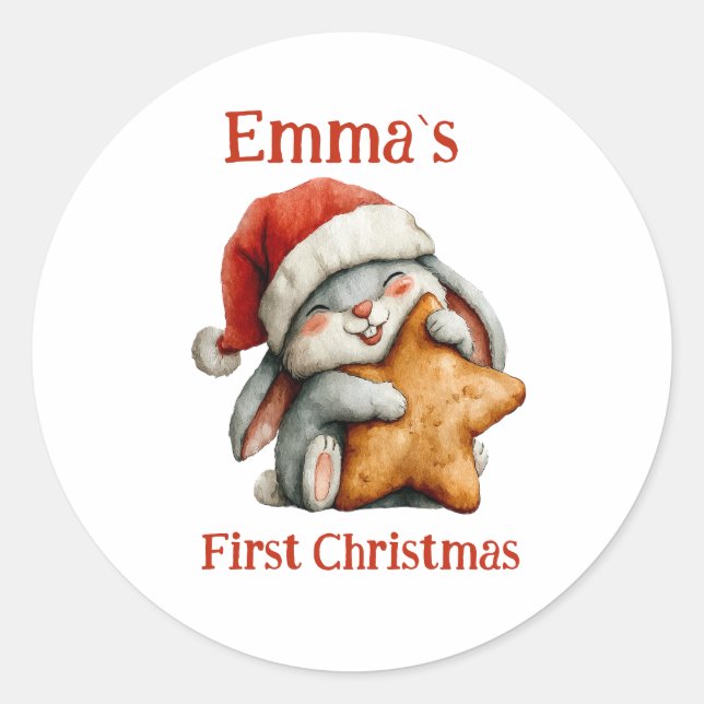 Personalisiert Baby's First Christmas Bunny Runder Aufkleber (Vorderseite)