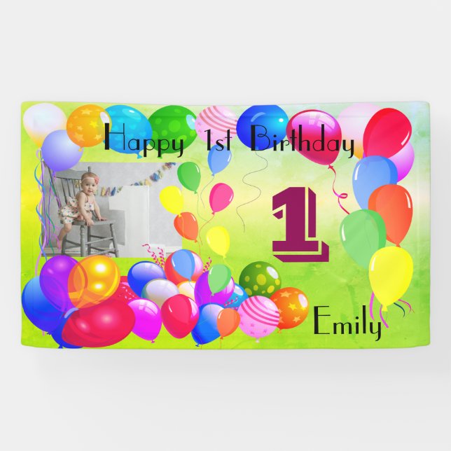 Personalisiert Balloons Design Happy 1. Geburtstag Banner (Horizontal)