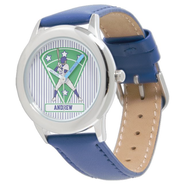 Personalisiert Baseball Batter Star Blue Armbanduhr (Schrägansicht)