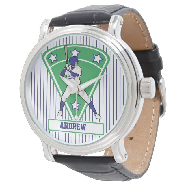 Personalisiert Baseball Batter Star Blue Armbanduhr (Schrägansicht)
