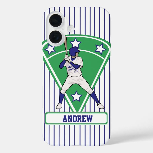Personalisiert Baseball Batter Star Blue iPhone 16 Hülle (Rückseite)