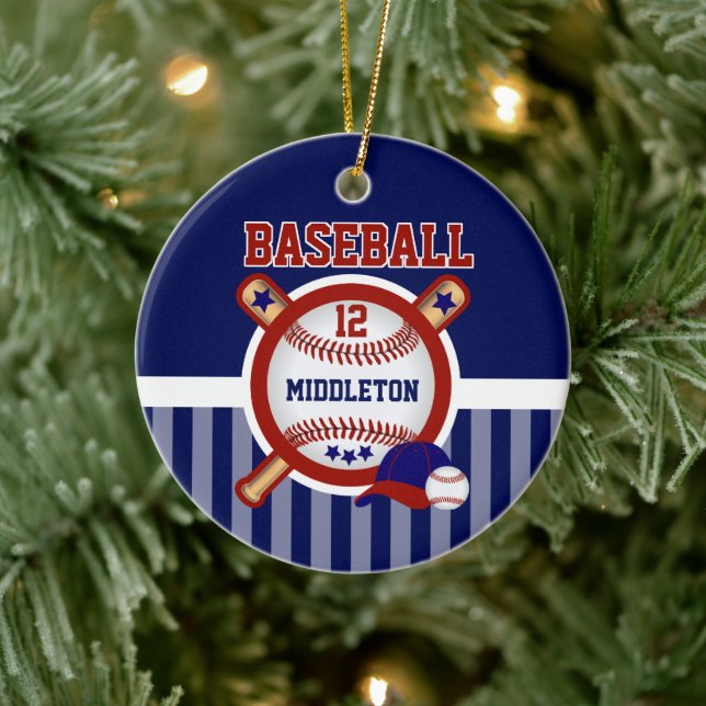 Personalisiert Baseball | Dunkelblau und rot Keramik Ornament (Baum)
