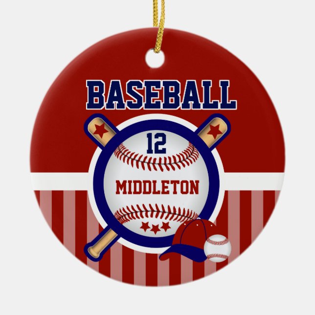 Personalisiert ⚾ Baseball | Dunkelblau und rot Keramik Ornament (Vorne)