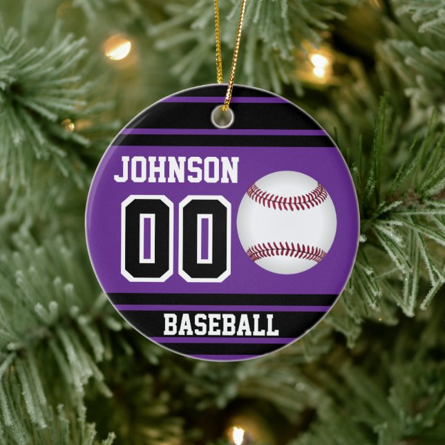 Personalisiert Baseball | Lila und schwarz Keramik Ornament (Baum)