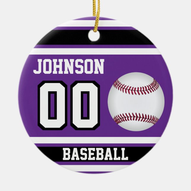 Personalisiert Baseball | Lila, weiß und schwarz Keramik Ornament (Vorne)