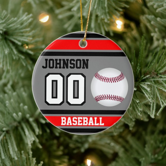 Personalisiert Baseball | Rot, Grau und Schwarz Keramik Ornament (Baum)