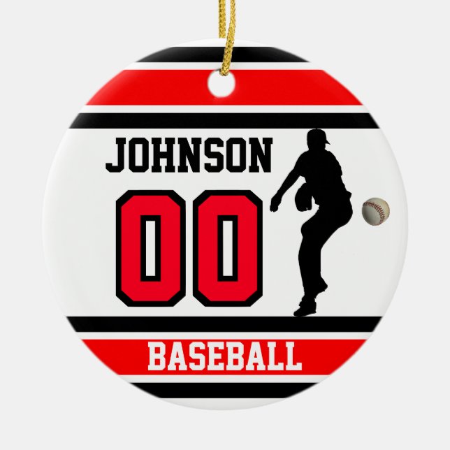 Personalisiert Baseball | Rot, Weiß und Schwarz Keramik Ornament (Vorne)