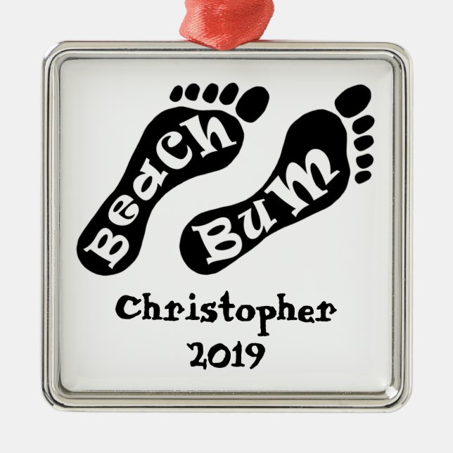 Personalisiert Beach Bum Barefoot Urlaub Silbernes Ornament (Vorne)