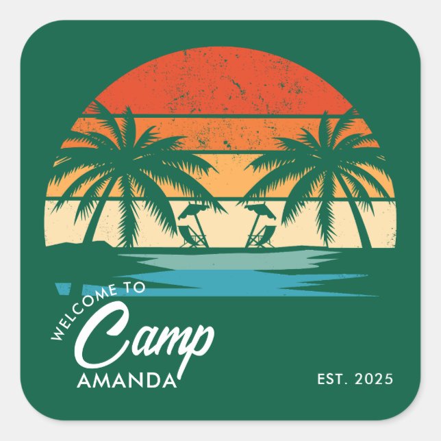 Personalisiert Beach Camp Junggeselinnen-Abschied  Quadratischer Aufkleber (Vorderseite)