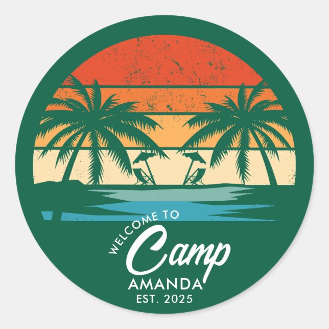 Personalisiert Beach Camp Junggeselinnen-Abschied  Runder Aufkleber (Vorderseite)