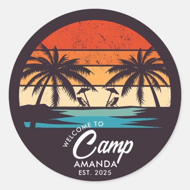 Personalisiert Beach Camp Junggeselinnen-Abschied  Runder Aufkleber (Vorderseite)