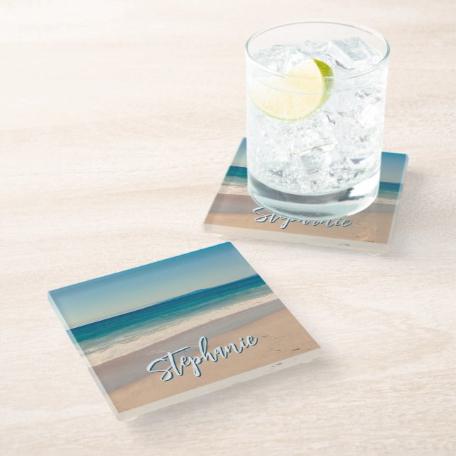 Personalisiert Beach Foto Blue Landschaftlich Glasuntersetzer (Schrägansicht)