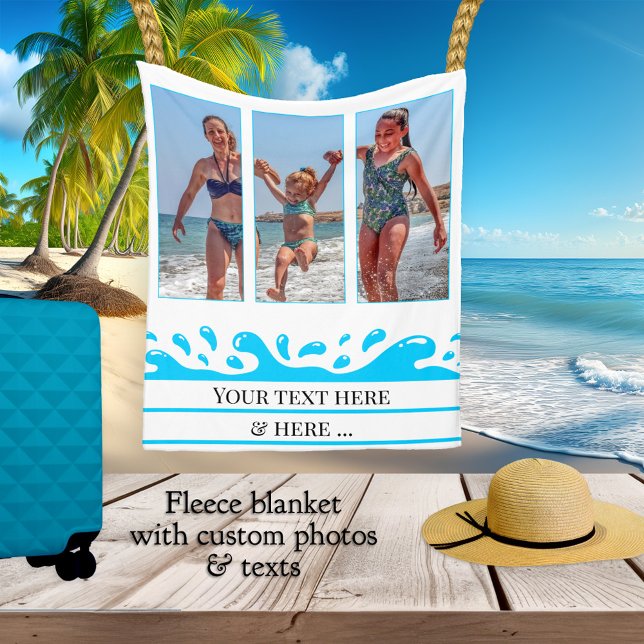 Personalisiert Beach Splash Foto Fleece Blanket (Fleece blanket featuring your photos and texts with a wave splash image and fresh turquoise stripes)