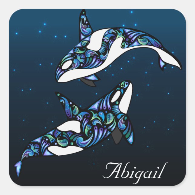 Personalisiert Beautiful Orca Whale Couple Quadratischer Aufkleber (Vorderseite)