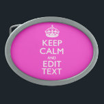 Personalisiert BEHALTEN CALM und Text lebhaft rosa Ovale Gürtelschnalle<br><div class="desc">Ein personalisiertes, lebhaftes Hot-Roink-Akzent, das im Stil von "Keep Calm" und "Carry On" Sprichwort auf einem individuellen Geschenk ist. Humorvoll oder skurril versuchen Sie Ihre kreativen Worte auf den zwei bearbeitbaren Textzeilen. Vergessen Sie nicht, HAUPTSTÄDTE für beste Ergebnisse zu verwenden. Verwenden Sie den Link "Diesen Designer Gefragt", um uns mit...</div>