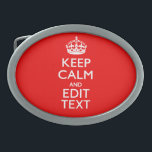 Personalisiert Behalten Ruhe und Text-Rot-Dekorati Ovale Gürtelschnalle<br><div class="desc">Ein personalisiertes, lebendiges klassisches Sprichwort mit rotem Akzent, "Keep Calm" und "Carry On". Humorvoll oder skurril versuchen Sie Ihre kreativen Worte auf den zwei bearbeitbaren Textzeilen. Vergessen Sie nicht, HAUPTSTÄDTE für beste Ergebnisse zu verwenden. Verwenden Sie den Link "Diesen Designer Gefragt", um uns mit Ihren speziellen Designanfragen oder für Hilfe...</div>