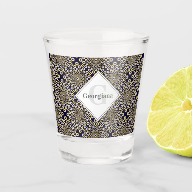 Personalisiert beobachten wir Sie mit Navy & Gold  Schnapsglas (Vorderseite)