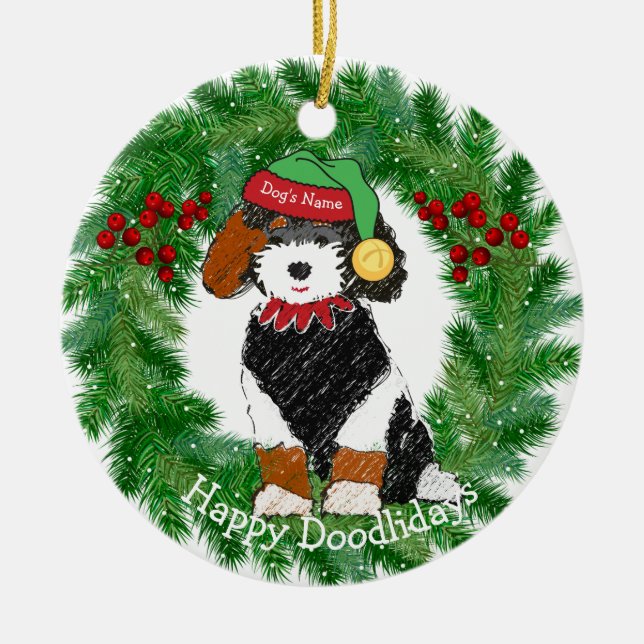Personalisiert Bernedoodle Weihnachtself Keramik Ornament (Vorne)