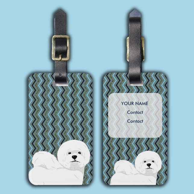 Personalisiert Bichon Frise - Sage Blue Navy Zickz Gepäckanhänger (Bichon Frise Personalized Luggage Tag)