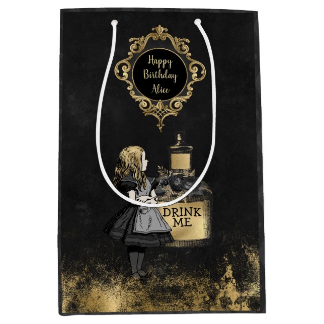 Personalisiert Black and Gold Alice trinken mich Mittlere Geschenktüte (Vorderseite)