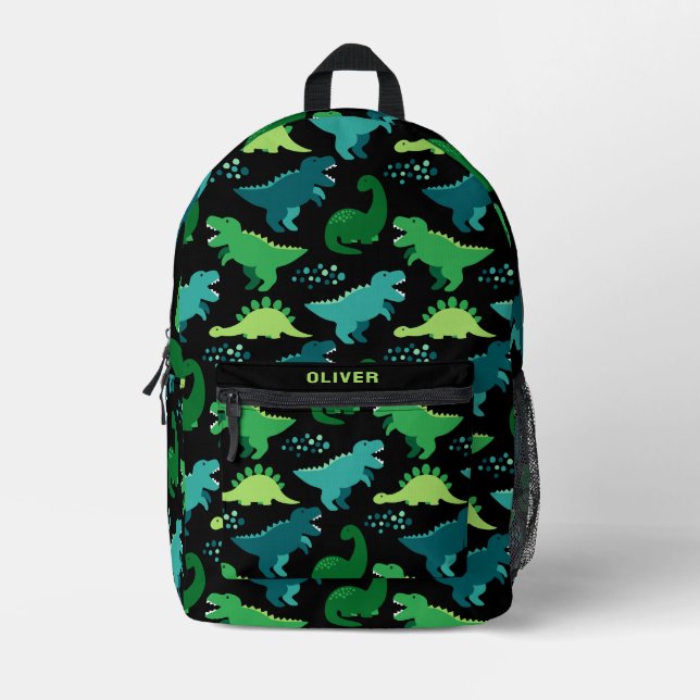 Personalisiert Black Funny Dinosaur Dino Pattern Bedruckter Rucksack (Vorderseite)