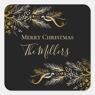 Personalisiert Black Gold Elegant Frohe Weihnachte Quadratischer Aufkleber