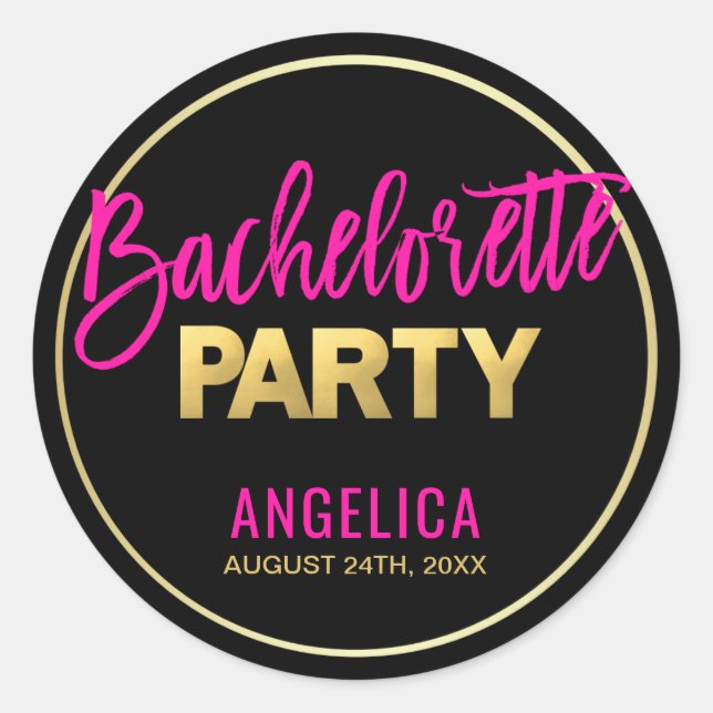 Personalisiert Black Gold Hot Pink BACHELORETTE Runder Aufkleber (Vorderseite)