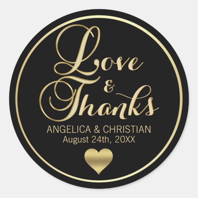 Personalisiert Black Gold LIEBE & DANKS Hochzeit Runder Aufkleber (Vorderseite)