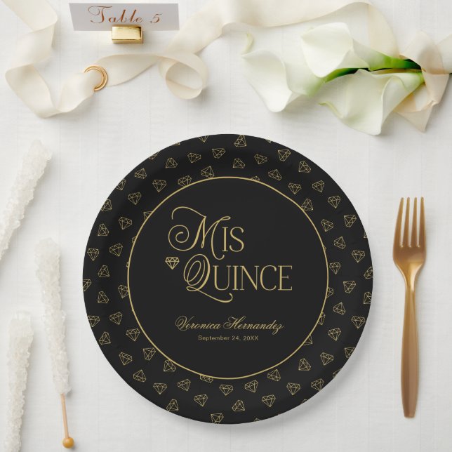 Personalisiert Black Gold Mis Quince Quinceanera Pappteller (Hochzeit)