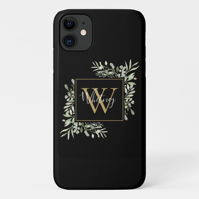 Personalisiert Black Gold Monogram Greenery Floral Case-Mate iPhone Hülle (Rückseite)
