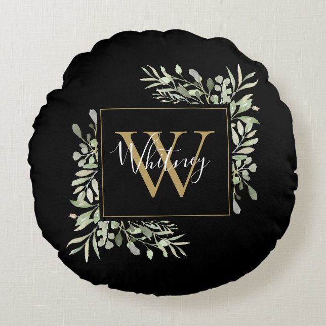 Personalisiert Black Gold Monogram Greenery Floral Rundes Kissen (Vorderseite)