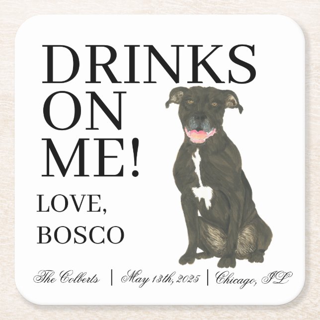 Personalisiert Black Pitbull Staffy Dog Wedding Rechteckiger Pappuntersetzer (Vorderseite)