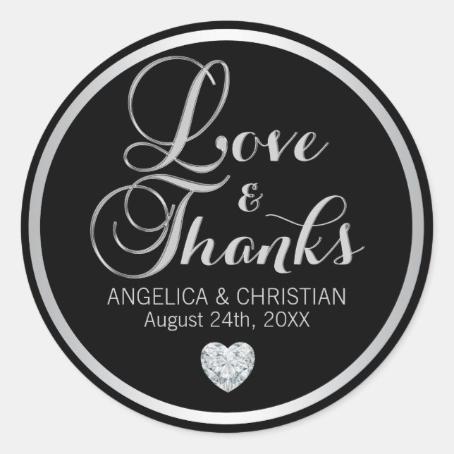 Personalisiert Black Silver LIEBE & DANKS Wedding Runder Aufkleber (Vorderseite)